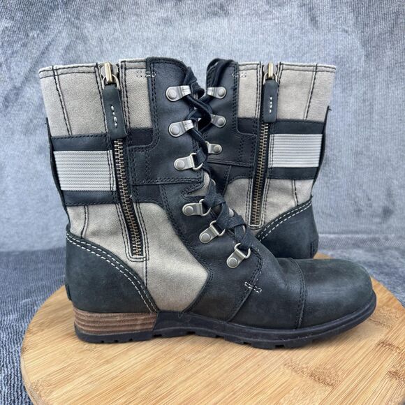 Sorel Boots Womens Size 7.5 Black Gray Major Lace Side Zip Combat Moto Ankle - Picture 5 of 9